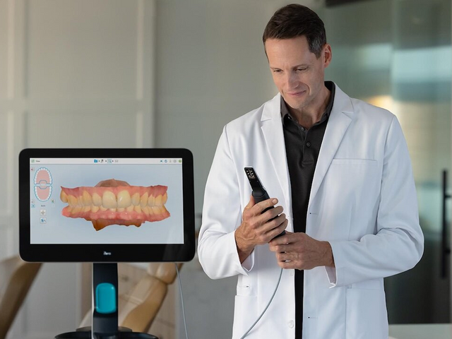 Dentist holding an intraoral scanner next to its screen
