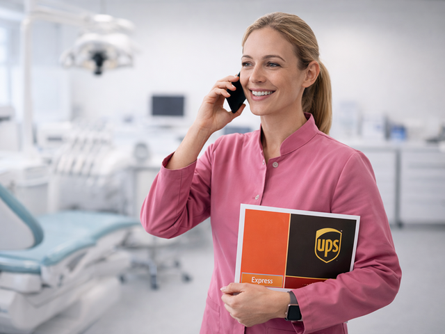 Dental office manager on the phone holding a UPS envelope
