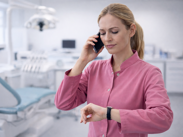 Dental office manager on the phone checking the time