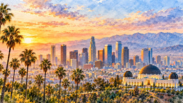 Watercolor illustration of the downtown Los Angeles skyline at sunset with palm trees, the San Gabriel Mountains and Griffith Observatory