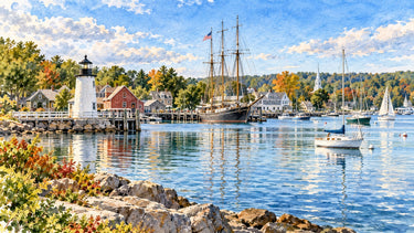 Watercolor illustration of a Connecticut harbor with a lighthouse, a tall ship and sailboats