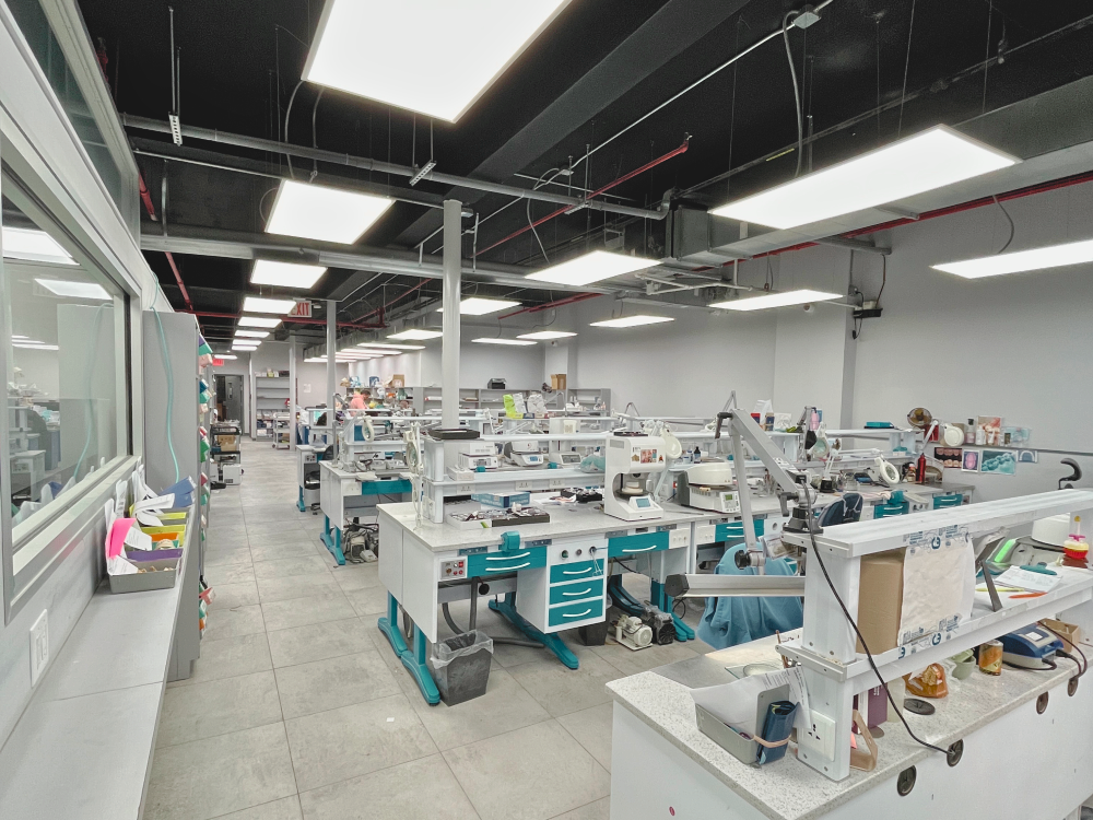 Technician workstations on the Elegant Dental Laboratory production floor