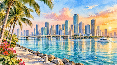 Watercolor illustration of the Miami skyline across Biscayne Bay, with palm trees, a causeway and a motor yacht