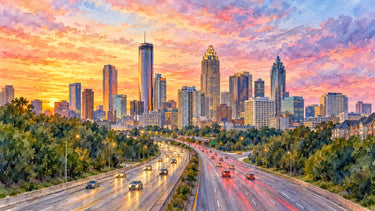 Watercolor illustration of the Atlanta skyline at sunset above the Downtown Connector, seen from Jackson Street