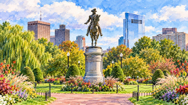 Watercolor illustration of the George Washington statue in the Boston Public Garden, with the Back Bay skyline behind it