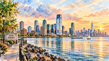 Watercolor illustration of the Jersey City waterfront with the Manhattan skyline across the Hudson River