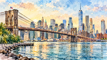 Watercolor illustration of the Brooklyn Bridge and the Lower Manhattan skyline