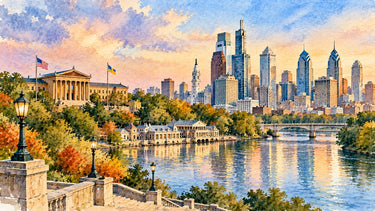 Watercolor illustration of the Philadelphia skyline over the Schuylkill River, with the Art Museum and Boathouse Row